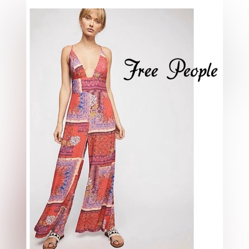 Free People Margarita Bohemian Patchwork Red Purple Flowy Jumpsuit New